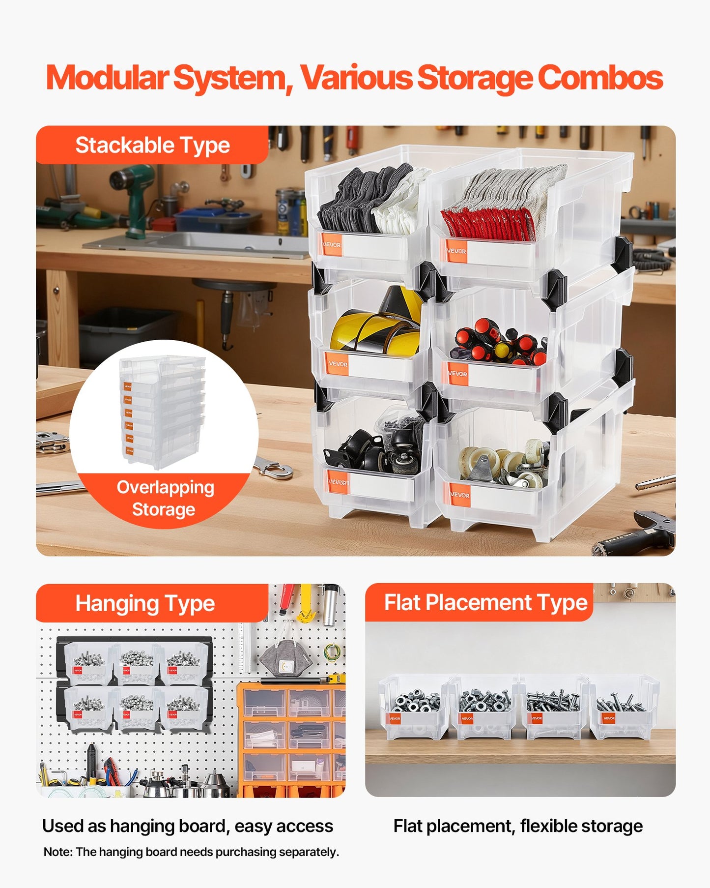 Stapelbara förvaringslådor i plast, 37,7 x 21,5 x 18 cm (6-pack), plastbehållare för organisering och förvaring av garderober, garage, smådelar, kontorsmaterial, andra tillbehör, transparent