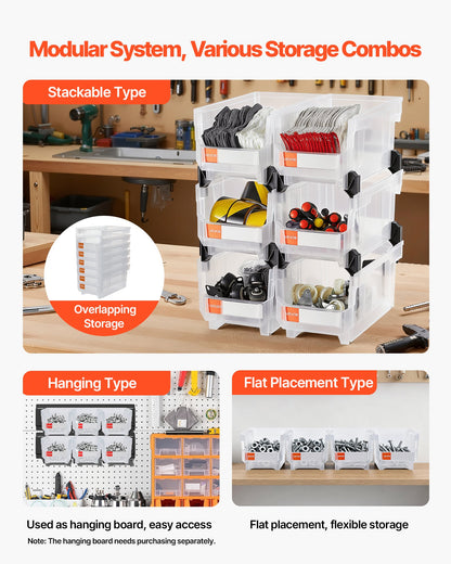 Stapelbara förvaringslådor i plast, 37,7 x 21,5 x 18 cm (6-pack), plastbehållare för organisering och förvaring av garderober, garage, smådelar, kontorsmaterial, andra tillbehör, transparent