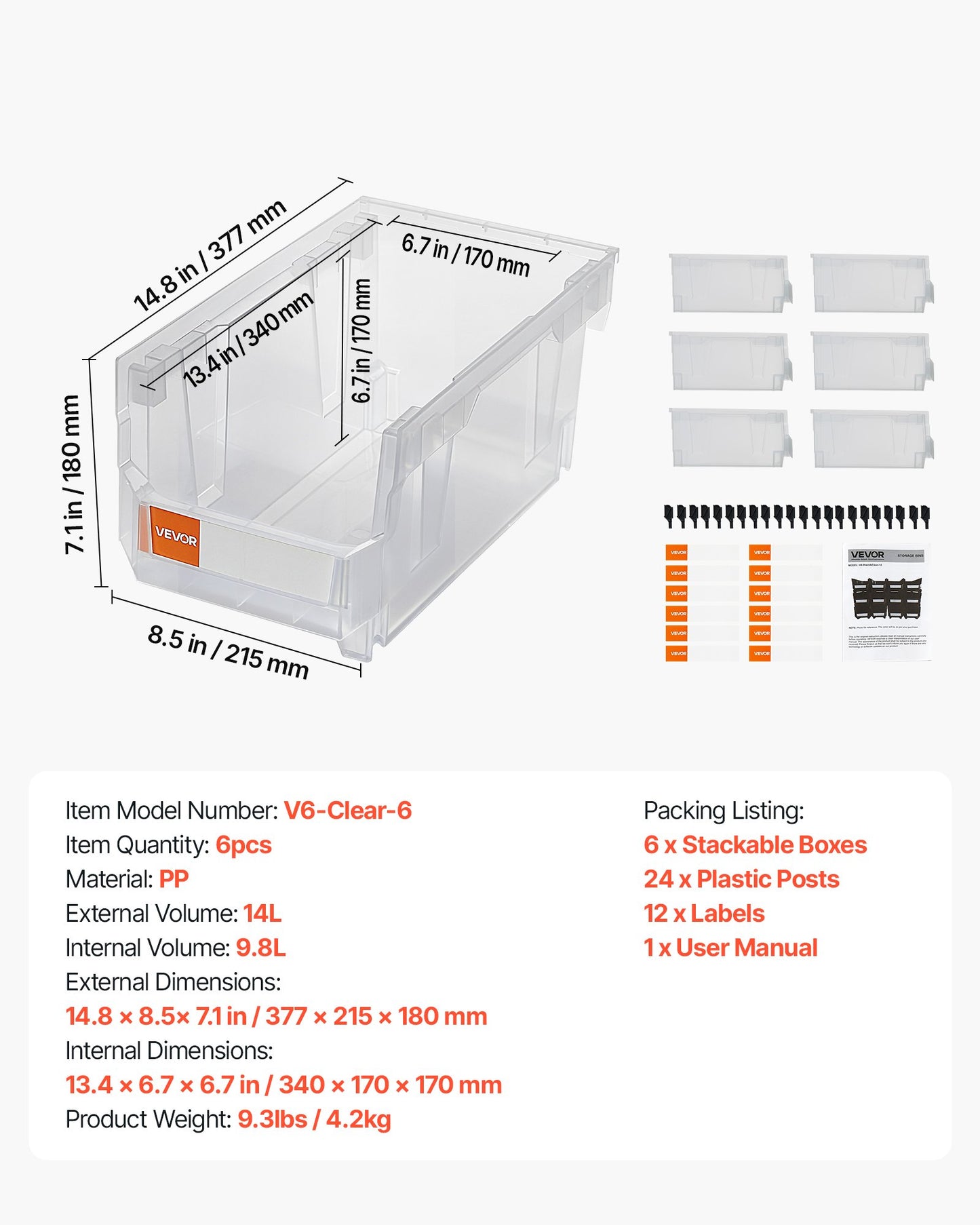 Stapelbara förvaringslådor i plast, 37,7 x 21,5 x 18 cm (6-pack), plastbehållare för organisering och förvaring av garderober, garage, smådelar, kontorsmaterial, andra tillbehör, transparent