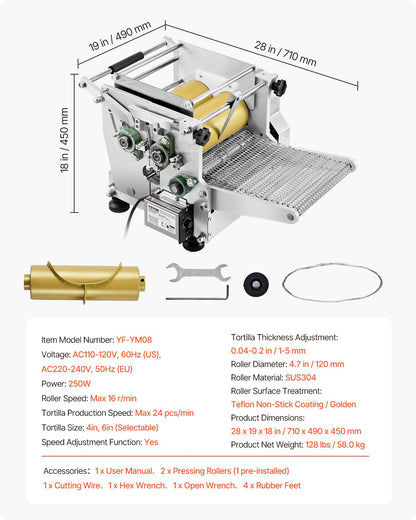 Elektrisk tortillamaskin, automatisk majstortillamaskin med non-stick-beläggning och två formar (10 cm + 15 cm), elektrisk chapattimaskin lämplig för produkter, sopes roti, pita, tortilla, pizza