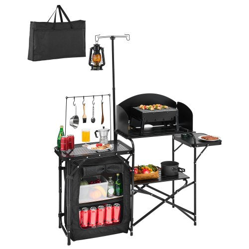 Campingköksbord, utomhusmatlagningsbord, bärbar kokstation i aluminium med förvaringsskåp, bärväska, avtagbar vindruta, snabb uppsättning för grillfest, picknick, husbilsresor, svart