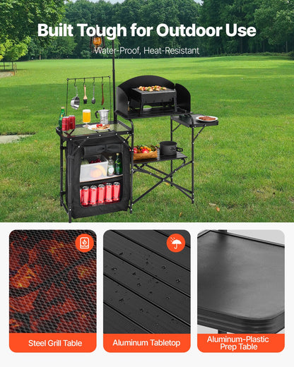 Campingköksbord, utomhusmatlagningsbord, bärbar kokstation i aluminium med förvaringsskåp, bärväska, avtagbar vindruta, snabb uppsättning för grillfest, picknick, husbilsresor, svart
