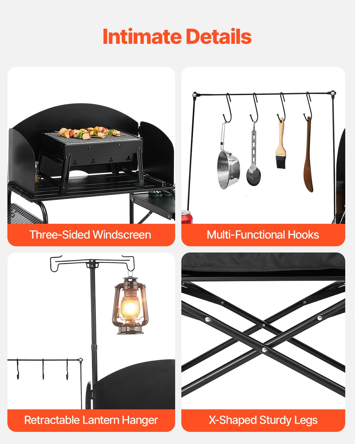 Campingköksbord, utomhusmatlagningsbord, bärbar kokstation i aluminium med förvaringsskåp, bärväska, avtagbar vindruta, snabb uppsättning för grillfest, picknick, husbilsresor, svart