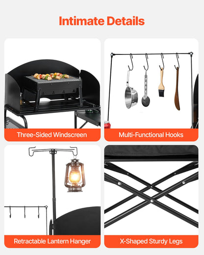 Campingköksbord, utomhusmatlagningsbord, bärbar kokstation i aluminium med förvaringsskåp, bärväska, avtagbar vindruta, snabb uppsättning för grillfest, picknick, husbilsresor, svart