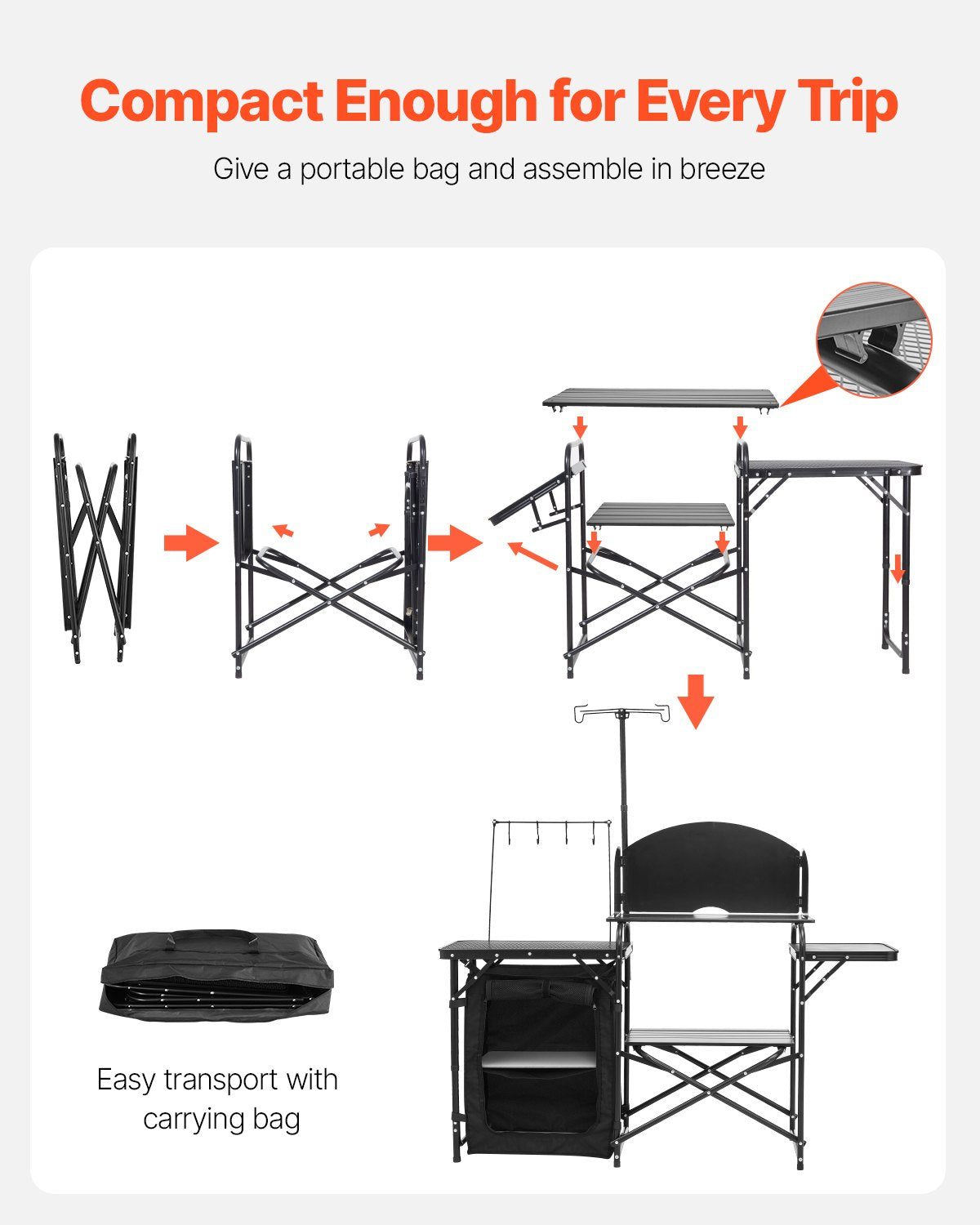 Campingköksbord, utomhusmatlagningsbord, bärbar kokstation i aluminium med förvaringsskåp, bärväska, avtagbar vindruta, snabb uppsättning för grillfest, picknick, husbilsresor, svart