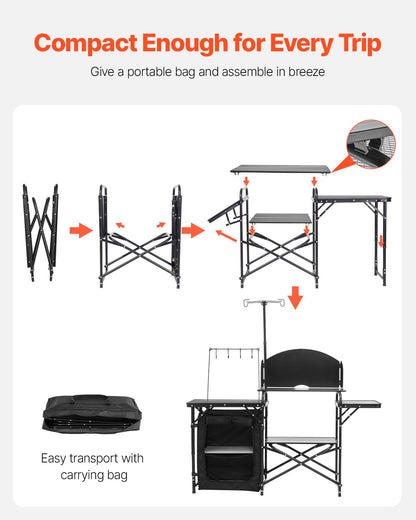 Campingköksbord, utomhusmatlagningsbord, bärbar kokstation i aluminium med förvaringsskåp, bärväska, avtagbar vindruta, snabb uppsättning för grillfest, picknick, husbilsresor, svart