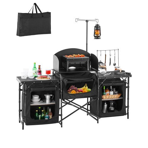 Campingköksbord, utomhusmatlagningsbord, bärbar kokstation i aluminium med 3 förvaringsskåp, bärväska, avtagbar vindruta, snabb uppsättning för grillfest, picknick, husbilsresor, svart