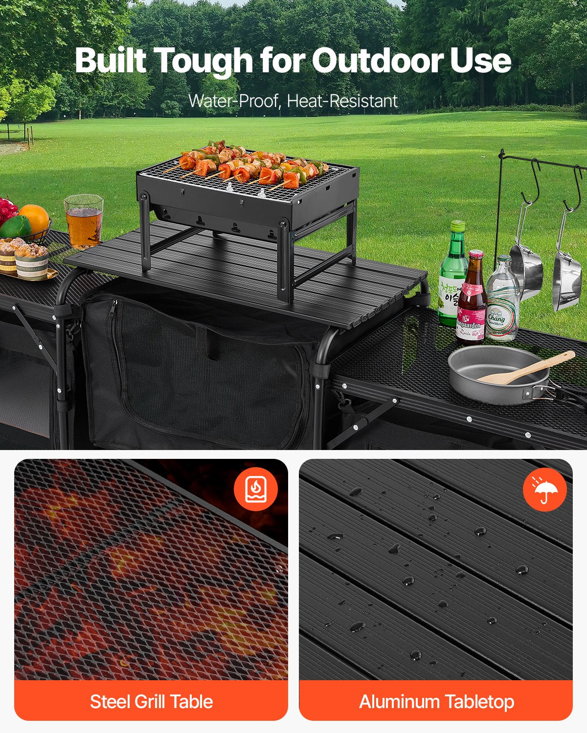 Campingköksbord, utomhusmatlagningsbord, bärbar kokstation i aluminium med 3 förvaringsskåp, bärväska, avtagbar vindruta, snabb uppsättning för grillfest, picknick, husbilsresor, svart