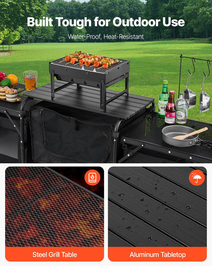 Campingköksbord, utomhusmatlagningsbord, bärbar kokstation i aluminium med 3 förvaringsskåp, bärväska, avtagbar vindruta, snabb uppsättning för grillfest, picknick, husbilsresor, svart