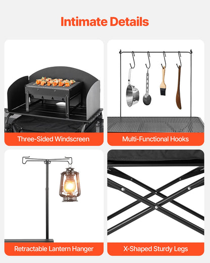 Campingköksbord, utomhusmatlagningsbord, bärbar kokstation i aluminium med 3 förvaringsskåp, bärväska, avtagbar vindruta, snabb uppsättning för grillfest, picknick, husbilsresor, svart