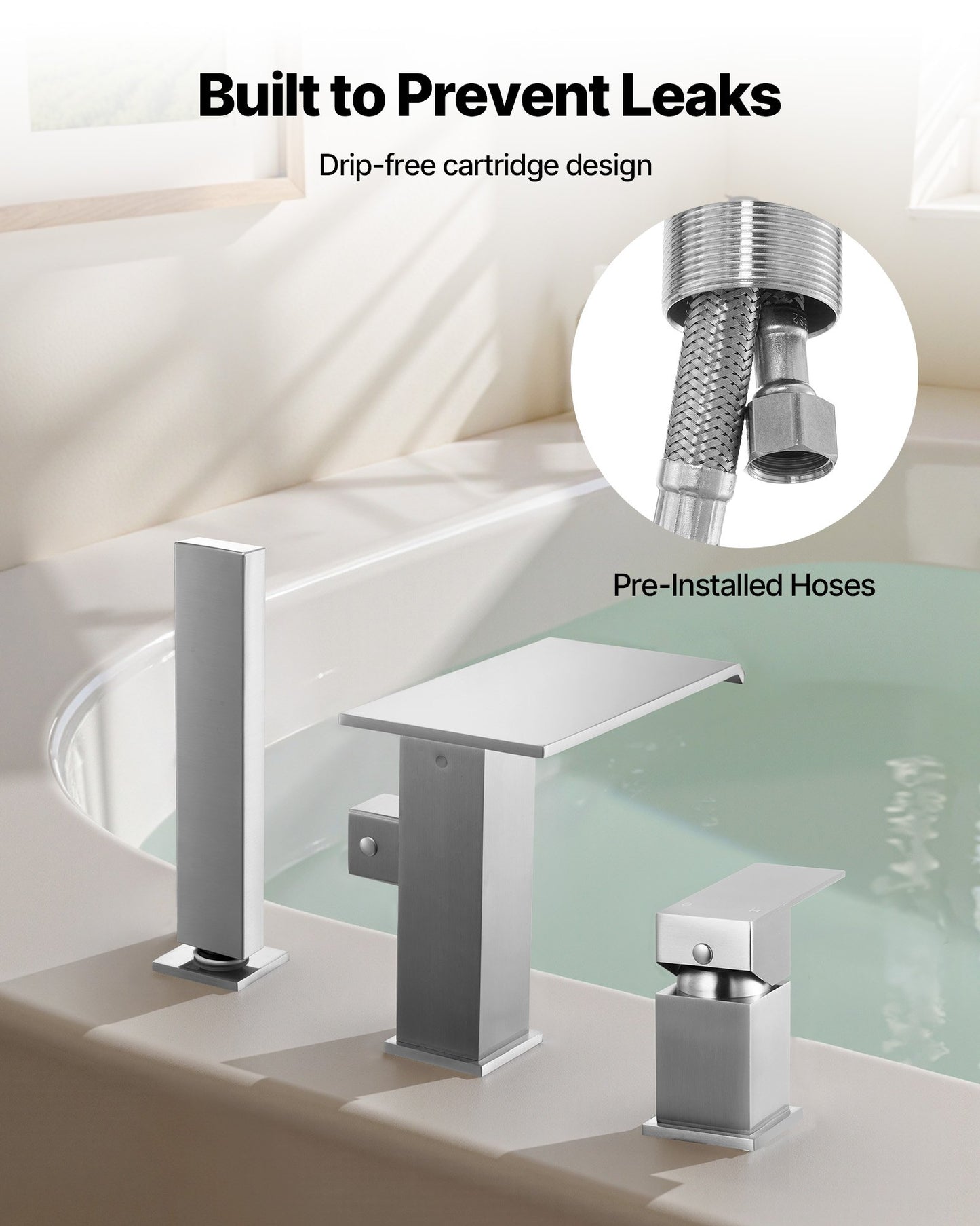 Roman Tub Faucet, 3 Hole Waterfall Bathtub Faucet, Widespread Roman Tub Faucets with Shower Head & 1 Handle, Romans Bathtub Faucets for Pet Washing, Adult Bathing, Brushed Stainless Steel