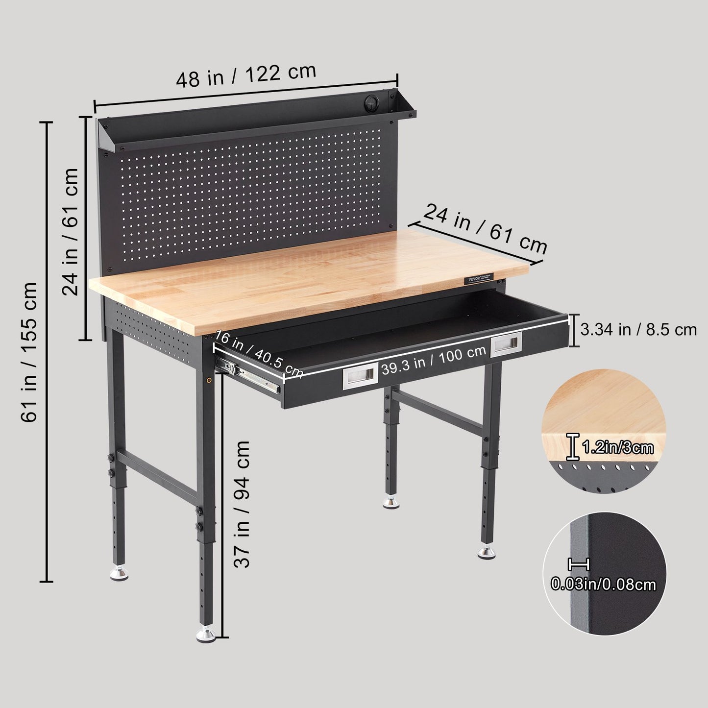 Arbetsbänk Justerbar höjd 68-91 cm Arbetsbänk för garage Ekplanka och kolstål Kraftig arbetsbänk 900 kg Viktkapacitet Bänkstorlek 112 x 61 cm Arbetsbänk i trä 3 m kabel 30 krokar
