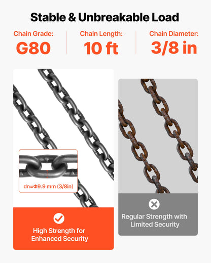 Kättinglyft, 10 mm x 3 m lyftkedjor med 4 gripkrokar, kraftig lyftlyft i G80-legerat stål, 10,4 tons kapacitet, justerbara motorkättinglyftar för bogsering av lastsäkerhet