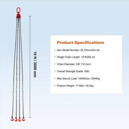Kättingslinga, 3/8 tum x 10 fot lyftkedjor med krokar, G80 motorkättinglyftar, 18400 lbs/8 ton lyftslingkedjor för motorlyft, motorlyftkedja med 4-bens gripkrokar och justerare