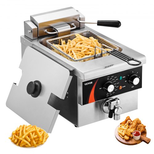 Kommersiell fritös, 1750W elektrisk bänkfritös med korg, 9Qt /8,5 L enkeloljefritös, 1 mm förtjockad rostfritös, tids- och temperaturkontroll, för köksrestaurang, silver