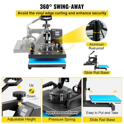 Värmepress, 10x12 tum / 25x30 cm, 2-i-1 clamshell sublimeringsskrivare med teflonbeläggning, digital exakt värmekontroll, kraftpress för t-shirt, hatt och keps