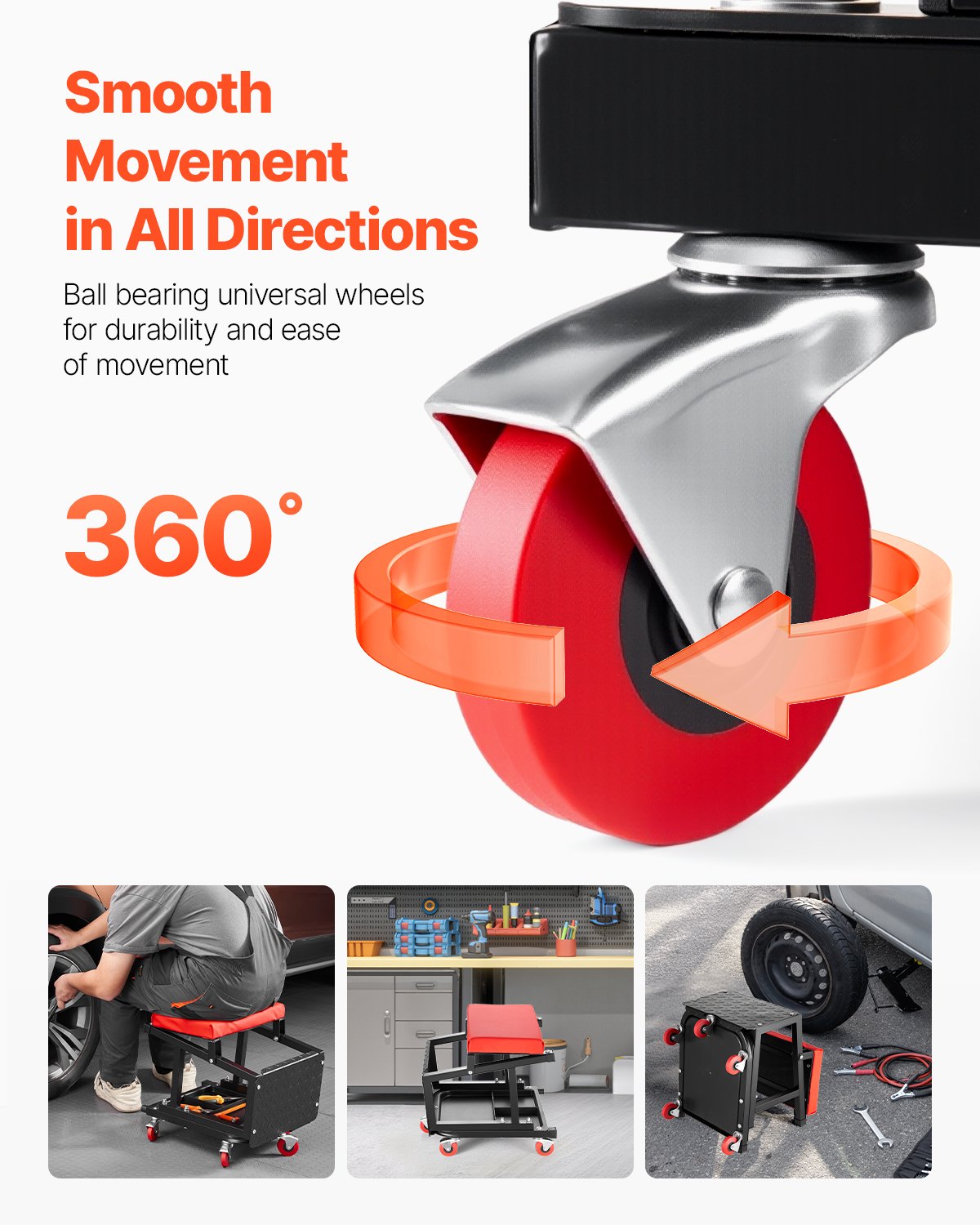 Mekanikerpall, kapacitet 136 kg garagestol/arbetspall med hjul, 360° svängbar verkstadspall med verktygslåda, krypstol/stegpall för mekaniker, för garage, verkstad och bilreparationer, svart