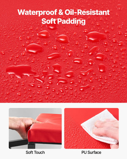 Mekanikerpall, kapacitet 136 kg garagestol/arbetspall med hjul, 360° svängbar verkstadspall med verktygslåda, krypstol/stegpall för mekaniker, för garage, verkstad och bilreparationer, svart