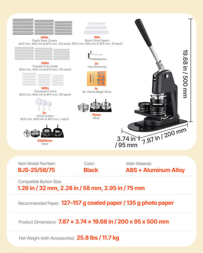 Knappmaskin, 32/58/75 mm 3-i-1, Plastnålstillverkare med 300 st knappdelar, Cirkelskärare och Magisk Bok, Förstärkt Ergonomiskt Handtag, För DIY-Brickor, Personliga Nålar, Svart