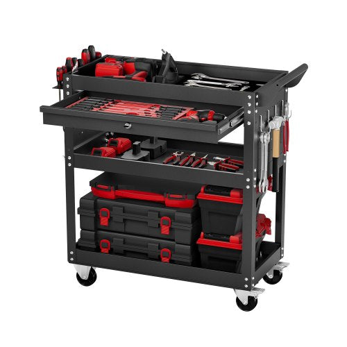 4-Tier Tool Cart with Wheels, 350 lbs Load Capacity, Rolling Work Cart with Drawer & Pegboard, Mechanic Tool Storage Organizer with Locking System for Garage, Warehouse and Repair Shop, Black