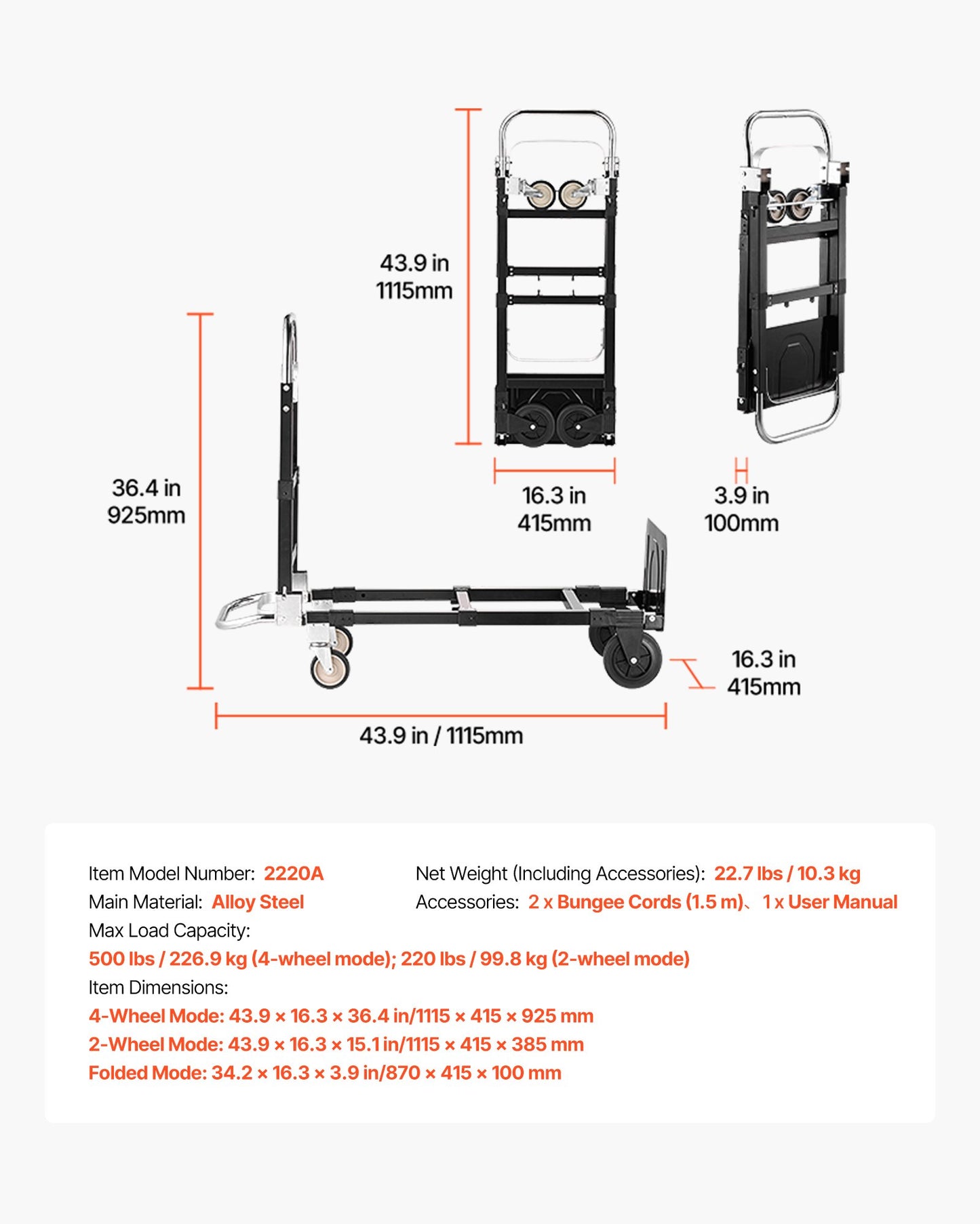 2-i-1 hopfällbar säckvagn, 226,9 kg lastkapacitet för 4-hjulsläge, konvertibel säckvagn med hjul och justerbart handtag, bärbar vagn för flytt av hem, kontor, lager