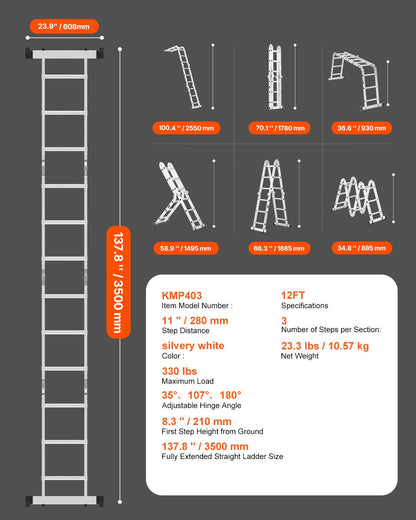 Hopfällbar stege för flera ändamål, 7-i-1 hög stege, justerbar teleskopstege med A-ram och 3 steg, kraftig förlängningsstege med räckvidd och 3,6 meter, kapacitet 150 kg för utomhusarbete i hushållet