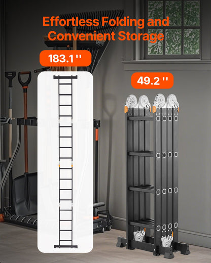 Hopfällbar stege för flera ändamål, 7-i-1 hög förlängningsstege, A-ram 4-stegs med ställningsplanka Teleskopstege, 15,5 fot räckvidd Kraftig, 330 lbs Kapacitet för hemmabruk utomhus