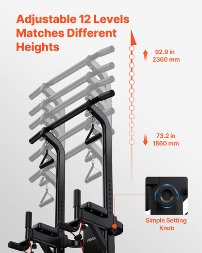 Pull Up Bar, 150kg Power Tower Dip Station, Workout Dip Station with H-Shaped Stable Base & Back Pad, Adjustable 12 Level Height Free Standing Chin Up Bar for Back, 4-Level Adjustable Back Pad