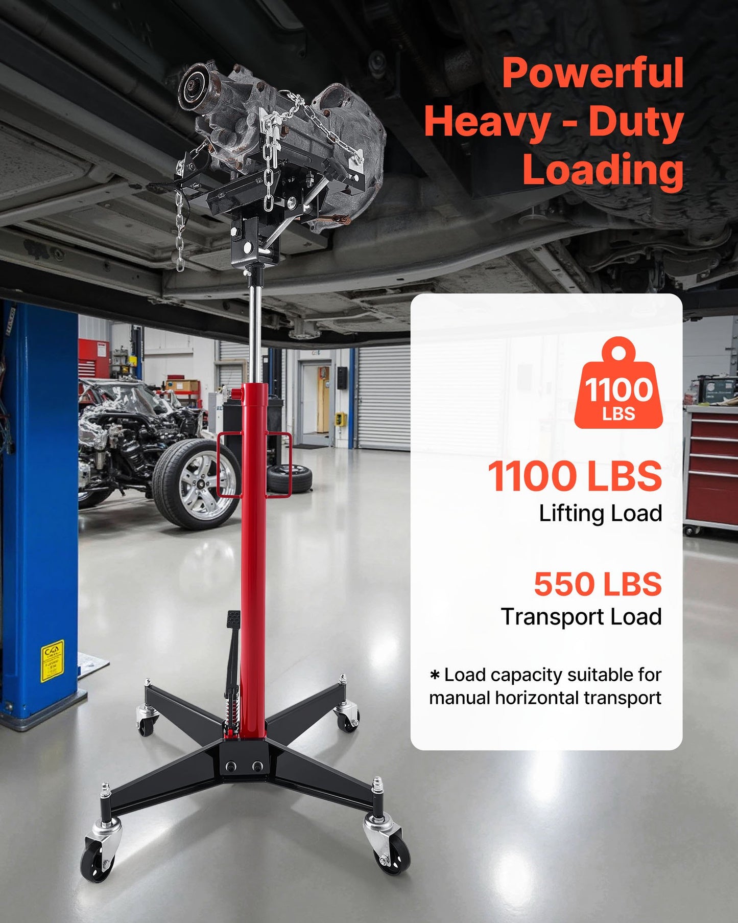 Hydraulic Transmission Jack, 1100 lbs / 0.5 Ton Lifting Capacity Telescoping Transmission Jack with Foot Pedal, 360° Swivel Wheel, 127-202 cm High Lifting Height, Lift Hoist for Garage/Shop