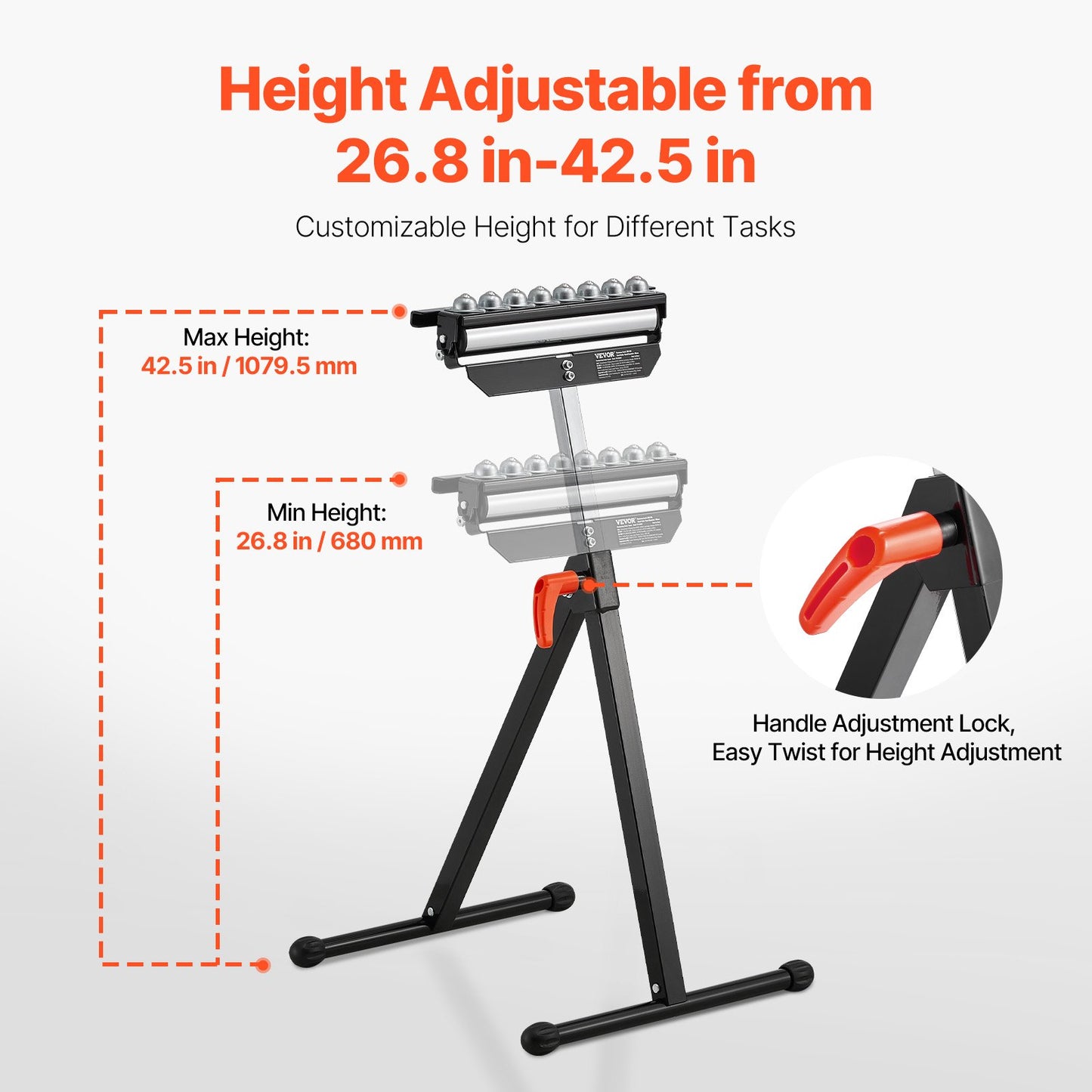 Rullstativ, 136 kg lastkapacitet, 68–108 cm justerbar höjd, hopfällbar, kraftig med 29,2 cm polerat rullhuvud i flera riktningar, för bordssågens utmatning, träbearbetningsförlängningsstöd