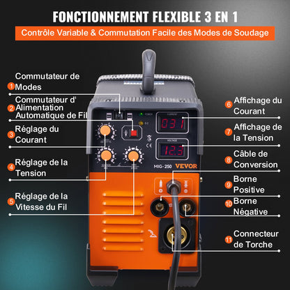 MIG-svets 250 Amp MIG TIG-bågsvets 3-i-1-svetssvetsmaskin 220V TIG-svets Lift-bågsvets MMA-pinne IGBT DC-växelriktarsvets Kombinationssvetsmaskin med digital display