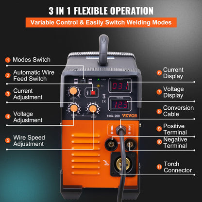 MIG-svets 200 Amp MIG TIG-bågsvets 3-i-1-svetssvetsmaskin 220V TIG-svets Lift-bågsvets MMA-pinne IGBT DC-växelriktarsvets Kombinationssvetsmaskin med digital display
