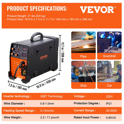 MIG-svets 200 Amp MIG TIG-bågsvets 3-i-1-svetssvetsmaskin 220V TIG-svets Lift-bågsvets MMA-pinne IGBT DC-växelriktarsvets Kombinationssvetsmaskin med digital display