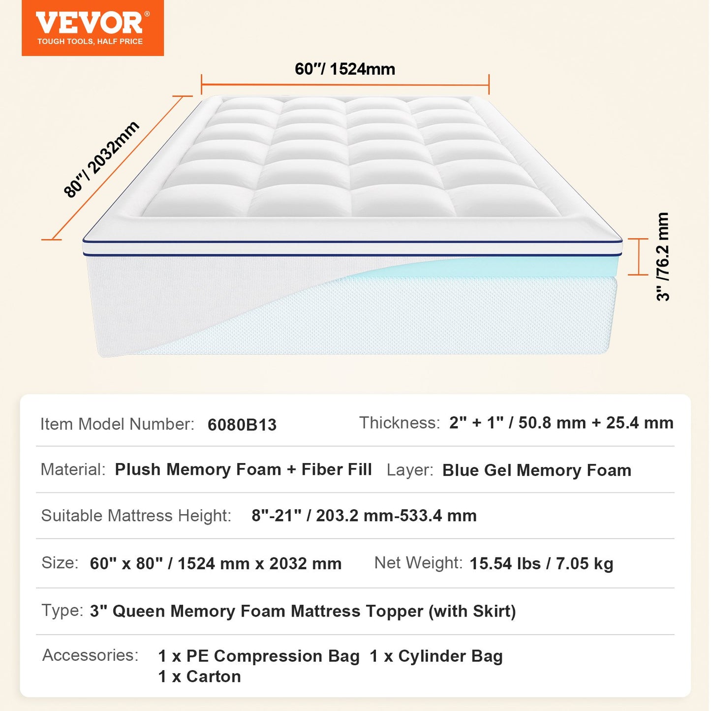 Bäddmadrass Premium Memory Foam Fiber Fill Queen 76,2 mm Tjocklek 1524x2032x76,2 mm