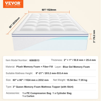 Bäddmadrass Premium Memory Foam Fiber Fill Queen 76,2 mm Tjocklek 1524x2032x76,2 mm