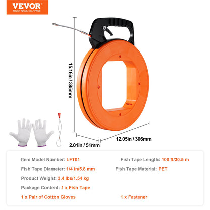 Fiskbandstrådsavdragare 30,5 m, 6,35 mm (100 fot, 1/4 tum) PET med högt plasthölje
