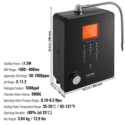 Alkalisk vattenjonisator, pH 3-11,2 Alkalisk sur vätevattenrenare, 6 vatteninställningar för hemfiltrering, Upp till -800mV ORP, 9000L per filter, UV-funktion, Vattenuppvärmning