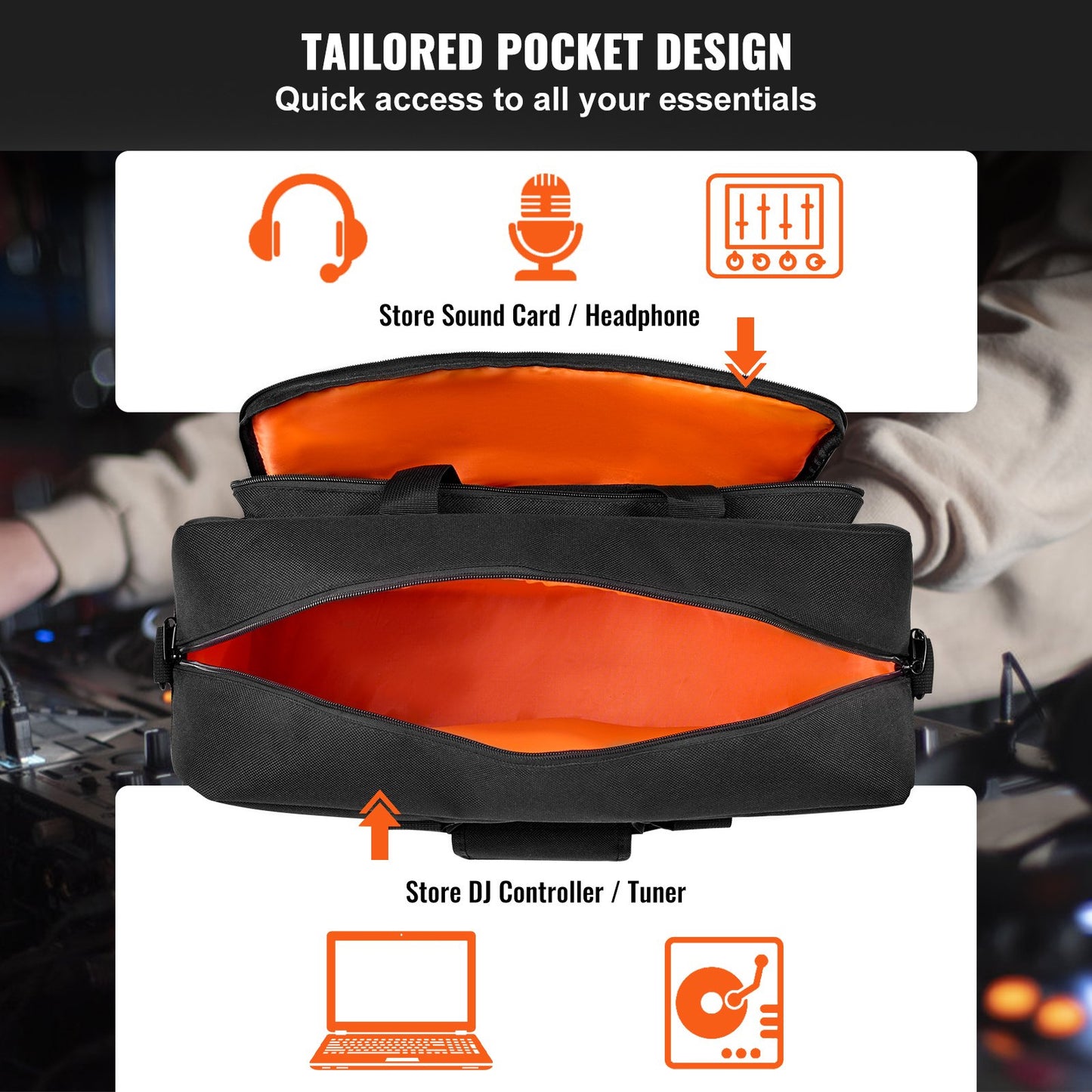 Vadderad gigbag för DJ-mixer, 1200D Oxford-tyg, bärväska för DJ-utrustning med förvaringsficka 1,4 m Avtagbar axelrem 0,39 tum vaddering, 19,29 x 8,66 x 15,34 tum förvaringsfodral för DJ-kontroller