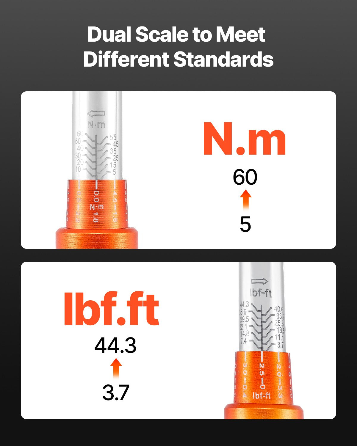 Click momentnyckelsats, 3/8-tums fattning, 5–60 Nm / 3,7–44,3 lbf.ft, dubbelriktad, 72 tänder, ±3 % hög precision, med hylsor, bits, förlängningsstång, tändstiftshylsor, adapter, orange