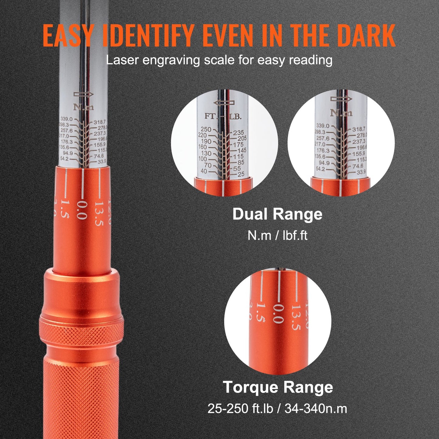 Momentnyckel, 1,3 cm Drive Click Momentnyckel 20-250ft.lb/34-340nm, Justerbar momentnyckelsats i två riktningar, Mekaniska momentnyckelsatser med dubbla skalor och adaptrar, förlängningsstång