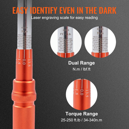 Momentnyckel, 1,3 cm Drive Click Momentnyckel 20-250ft.lb/34-340nm, Justerbar momentnyckelsats i två riktningar, Mekaniska momentnyckelsatser med dubbla skalor och adaptrar, förlängningsstång