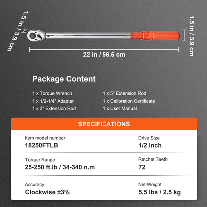 Momentnyckel, 1,3 cm Drive Click Momentnyckel 20-250ft.lb/34-340nm, Justerbar momentnyckelsats i två riktningar, Mekaniska momentnyckelsatser med dubbla skalor och adaptrar, förlängningsstång