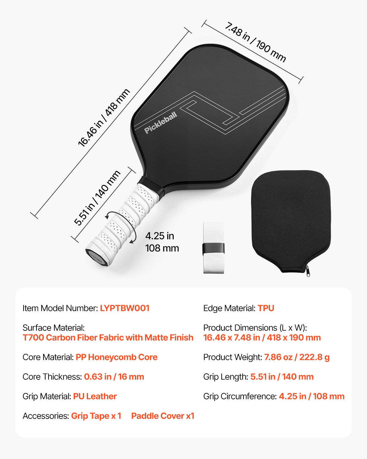 Pickleball-paddel, T700 kolfiberyta och bikakekärna, professionellt pickleball-paddel med ökad kraft, kontroll och spinn, proffs-pickleballracket för vuxna, män och kvinnor, svart
