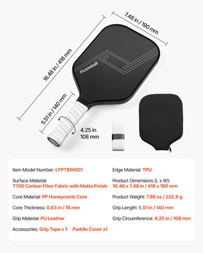 Pickleball-paddel, T700 kolfiberyta och bikakekärna, professionellt pickleball-paddel med ökad kraft, kontroll och spinn, proffs-pickleballracket för vuxna, män och kvinnor, svart