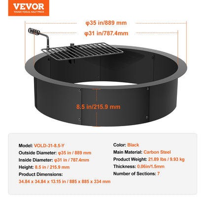 Eldgropsring, eldgropinsats med grilleldring, 35-tums ytterdiameter/31-tums innerdiameter, 8,5 tums höjd, foder i kolstål, gör-det-själv-eldring ovanför/i marken, för utomhuscamping, brasor