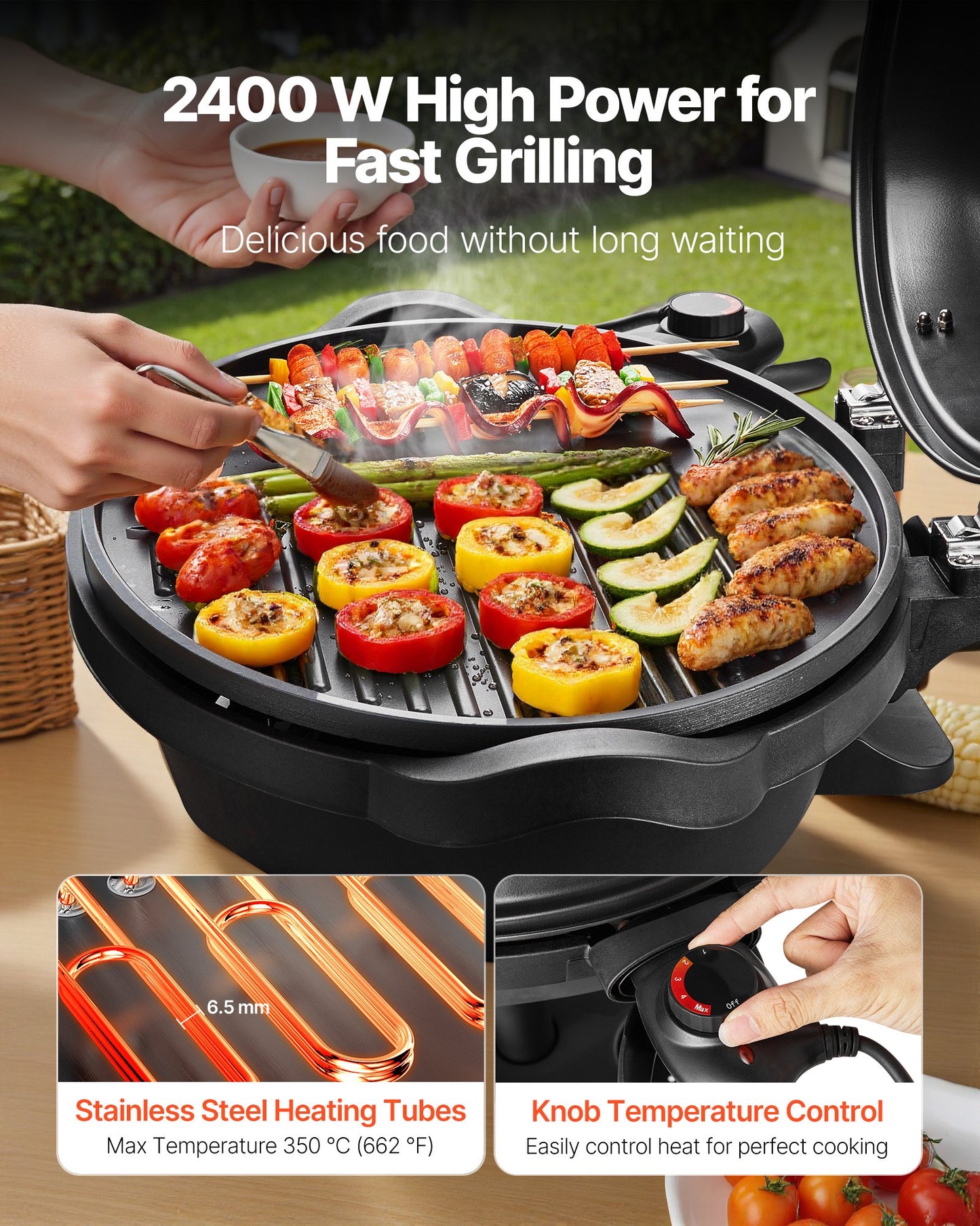 Electric Grill 2400W, 2-in-1 Standing & Tabletop Electric BBQ Grill for Indoors Outdoors - with 50°C-350°C Adjustable Temperature & Non-stick Ceramic Coated Plate for Party Backyard Grilling