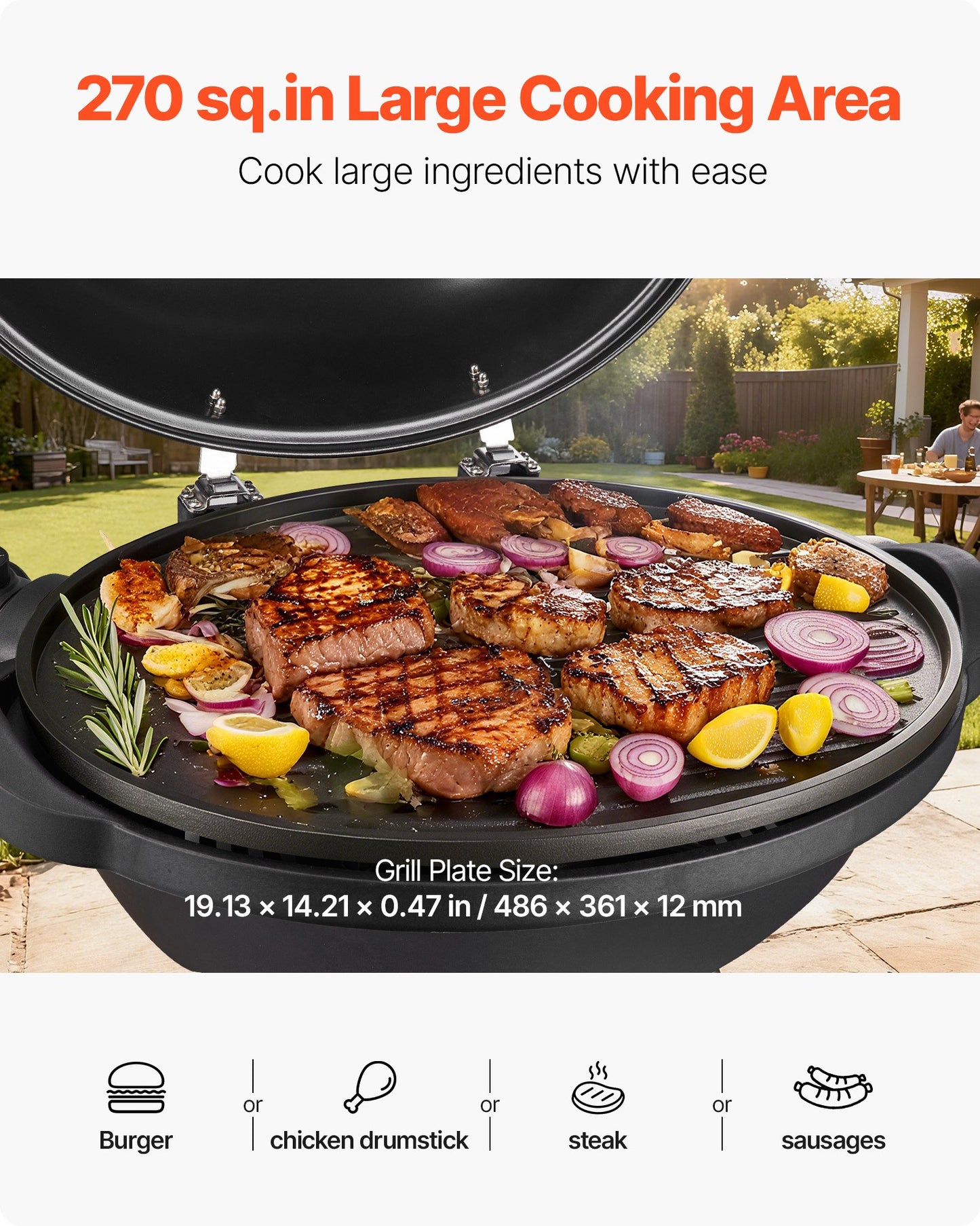 Electric Grill 2400W, 2-in-1 Standing & Tabletop Electric BBQ Grill for Indoors Outdoors - with 50°C-350°C Adjustable Temperature & Non-stick Ceramic Coated Plate for Party Backyard Grilling