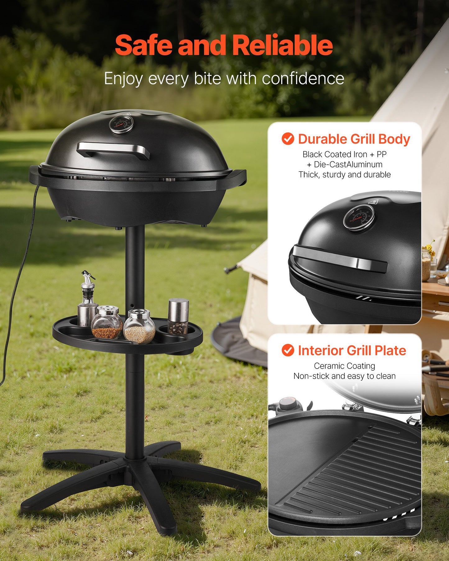 Electric Grill 2400W, 2-in-1 Standing & Tabletop Electric BBQ Grill for Indoors Outdoors - with 50°C-350°C Adjustable Temperature & Non-stick Ceramic Coated Plate for Party Backyard Grilling