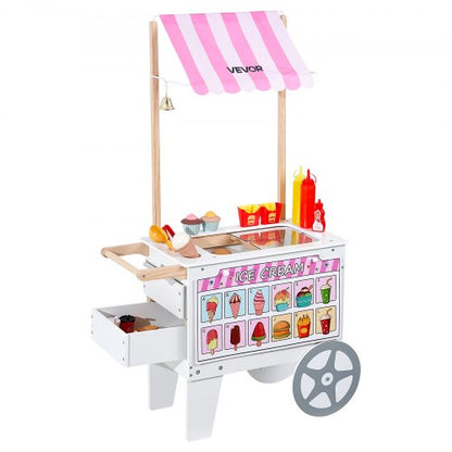 Glassvagn för barn, 20+ delar tillbehör, låtsaslek, glassbutik, köksmatleksaker med glasstrut och isglass, markis och frys, förvaringslådor och vändbara menyer, för barn i åldrarna 3-7
