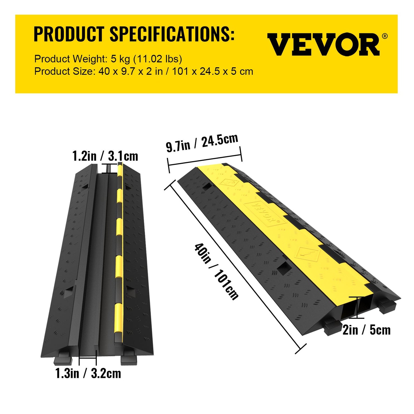 Kabelskyddsramp, 4-pack 2-kanalers farthinder, 101x24,5x5 cm modulärt gummifarthinder, lastkapacitet 4989,5 kg, skyddande vajerramp för uppfart, farthinder i gummi, kabelskydd